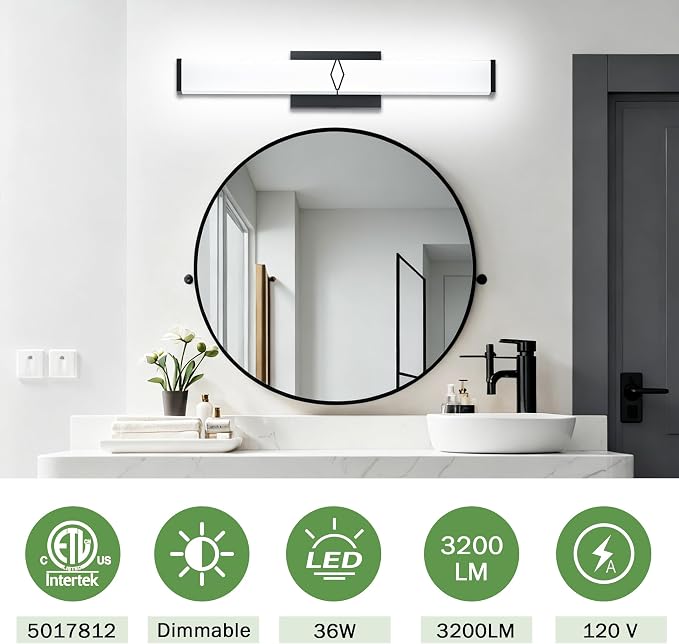 32 Inch Bathroom Vanity Light 3200LM, 5700K Daylight White Modern Bathroom Light Dimmable, AC 120V 36W Matte Black LED Vanity Lighting Fixtures Wall Sconce ETL Certified, 1Pack