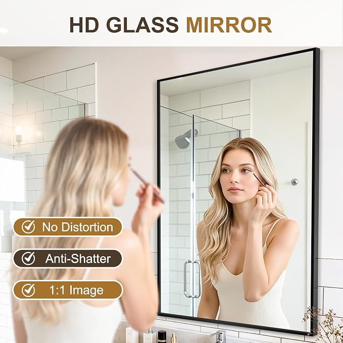 Rectangular Bathroom Mirror, 36"x24" Black Metal Framed Vanity Mirror | HD Shatterproof Wall Mirror, Horizontal or Vertical Hanging, Easy Installation for Bathroom, Bedroom, Living Room, Entryway
