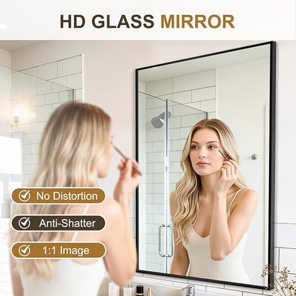 Rectangular Bathroom Mirror, 36"x24" Black Metal Framed Vanity Mirror | HD Shatterproof Wall Mirror, Horizontal or Vertical Hanging, Easy Installation for Bathroom, Bedroom, Living Room, Entryway