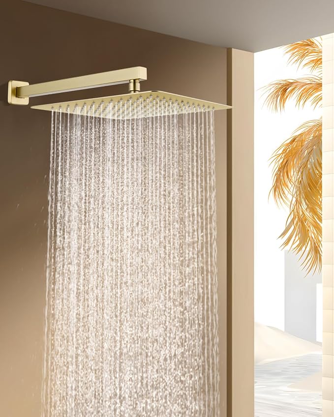 12 Inch Brushed Gold Rain Shower Head with Extension Arm, Rainfall Square Showerhead with 16 Inch Shower Arm All Stainless Steel, 144 Outlets Waterfall Full Body Coverage