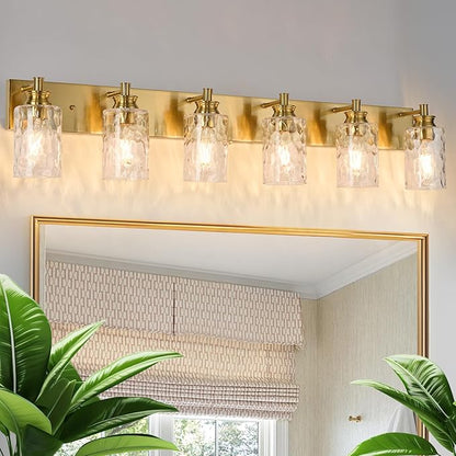 6 Light Bathroom Vanity Light Modern Brushed Gold Bathroom Light Fixtures Over Mirror with Hammered Glass Lampshade for Kitchen Hallway