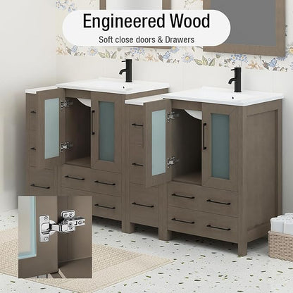 HOMEBEYOND 72 Inch Modern Bathroom Vanity with Sink & Mirror, Double Sink Vanity Cabinet with Basin and Mirror, Dove-Tailed Drawers, Soft-Closing Doors, Wood, Driftwood Gray