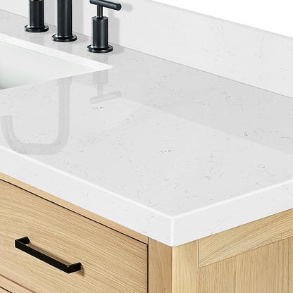 ARIEL 66 inch Bathroom Vanity top with Sink, 1.5 Inch Thick Miter Edge Carrara White Quartz top, Rectangle Single Porcelain Sink, Includes Backsplash
