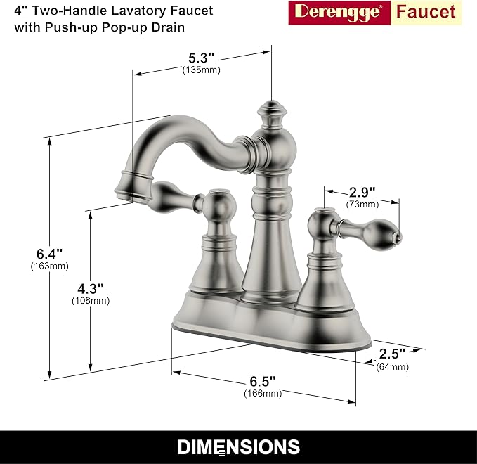 Two Handle Bathroom Faucet Brushed Nickel Bathroom Lavatory Sink Faucet 3 Hole with Pop up Drain Assembly, Classic 4 Inch Centerset with 360° Swivel Spout,2 Pack,BF-0048D-BN