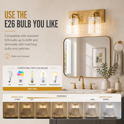 Brushed Gold Crystal Bathroom Vanity Light,2 Lights Modern Bathroom Wall Light,Over Mirror Light Fixtures for Living Room, Bedroom, Hallway