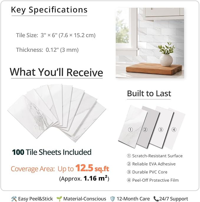 StyloVue 100 Pieces Peel and Stick Backsplash for Kitchen, 3" x 6" PVC Subway Tile, 2026 Upgraded Sparkle White Marble, Stick on Wall Tile for Kitchen, Bathroom, Fireplace, RV