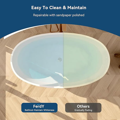FerdY Tahiti 55" Acrylic Freestanding Bathtub, Elegant Oval Shape Soaking Bathtub, Glossy White, Brushed Gold Drain & Integrated Slotted Overflow Assembly Included cUPC Certified