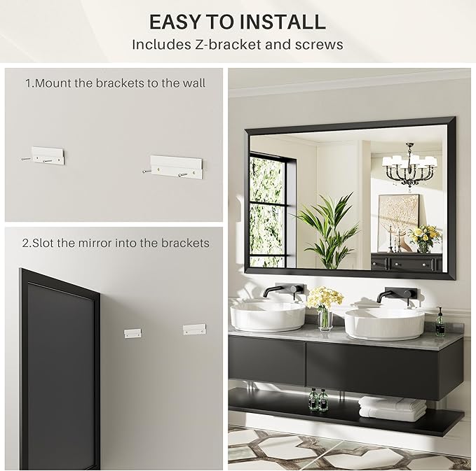 55.1x30.1 Inch Black Bathroom Mirror for Wall, Thick Metal Framed Rectangle Mirrors for Over Sink, Bedroom, Living Room, Entryway, Anti-Rust, HD Tempered Glass