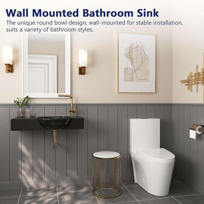 Wall Mounted Bathroom Sink, Deer Valley 30" x 18" Bathroom Vessel Sink, Black Modern Floating Countertop Lavatory Wall Hung Vessel Sink with Right Side Faucet Mount