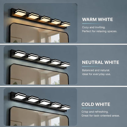 36" 5-Light Black Modern LED Bathroom Vanity Light Fixtures over Mirror | Rotatable Heads, 3 Color Temperatures, Wall Mount, Square Shade Design