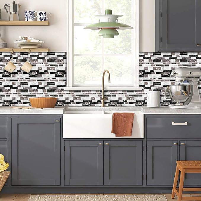 STICKGOO 10-Sheet Marble Look Peel and Stick Tiles, Decorative Self Adhesive Kitchen Backsplash in Granite (Pack of 10, Thicker Design)