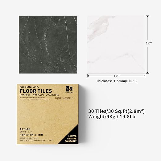 Peel and Stick Floor Tiles | Light Green Marble 30 Sq.Ft | Stone Texture / Anti-Slip /Surface Coated / Recycle Material / Waterproof / Indoor Area /Diy Installation