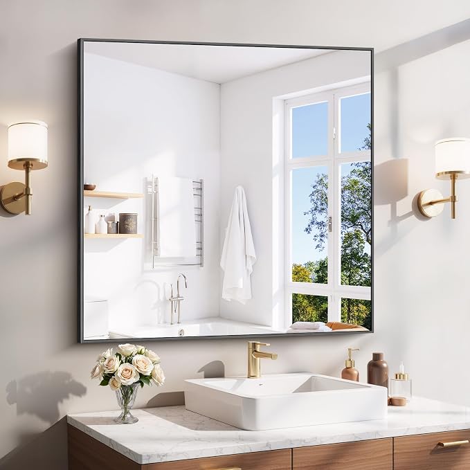 YIROMAN Bathroom Mirror 36"x36",Black Bathroom Mirrors for Over Sink with Aluminum Frame, Square Vanity Mirror with Right Angle, Wall Mirror for Oversink, Vanity, Bedroom, Living Room
