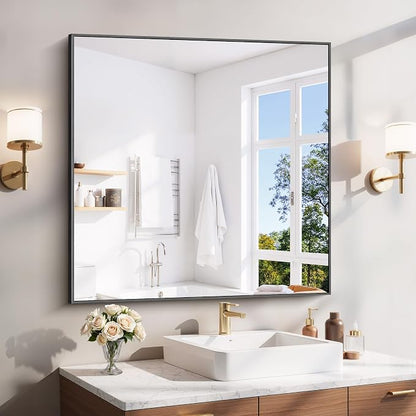 YIROMAN Bathroom Mirror 36"x36",Black Bathroom Mirrors for Over Sink with Aluminum Frame, Square Vanity Mirror with Right Angle, Wall Mirror for Oversink, Vanity, Bedroom, Living Room