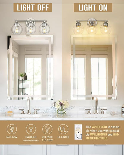 Emak Modern Brushed Nickel Bathroom Light Fixtures, 3-Light Globe Vanity Lights with Clear Glass Shade, VL114-BN-3