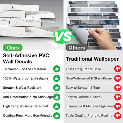 Peel and Stick Backsplash Tile for Kitchen & Bathroom Walls (Polished Carrara Marble, 10 Tiles - 9.7 sq. ft. (0.9 m²))