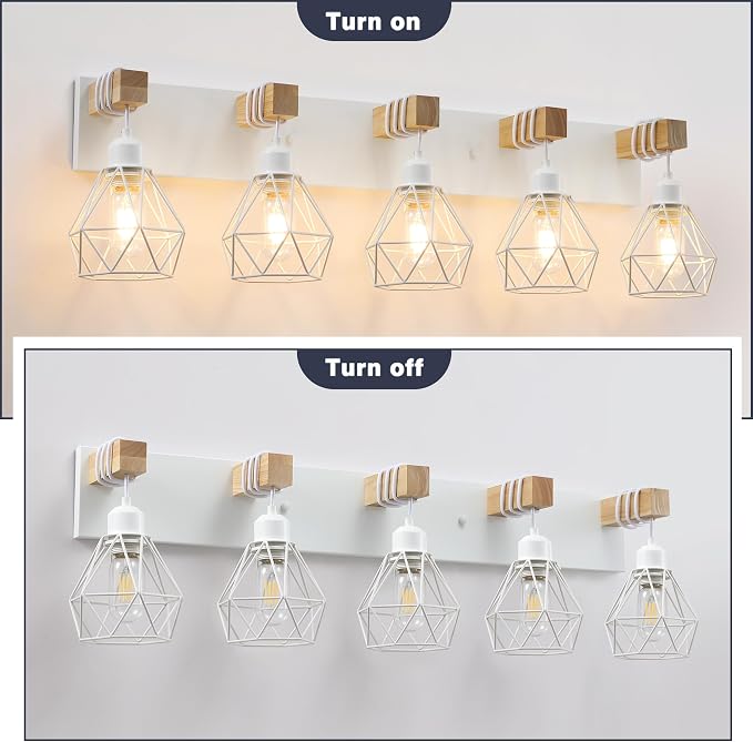 maesta 5 Light Bathroom Vanity Light, Farmhouse White Fixture Over Mirror | Farmhouse Bathroom Light Fixtures, Wood & Metal, Anti-Rust Easy to Install for Rustic Bathroom Hallway