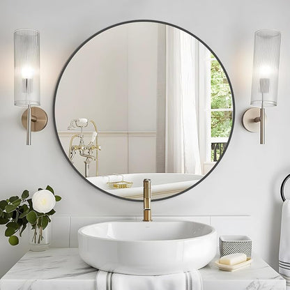 Round Wall Mirror 28 inch Black Large Circle Mirror for Bathroom with Metal Framed, Round Black Mirror for Wall Decor, Vanity, Entryway Living Room