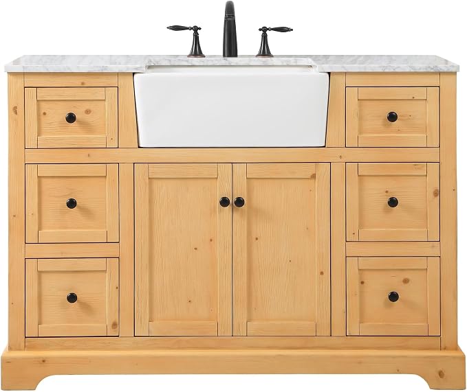 48" Pre-Assembled Bathroom Vanity with Sink, Solid Birch and MDF, Carrara White Marble Countertop Attached, Single Rectangle Porcelain Sink, 6 Soft-Close Drawers, Natural Wood