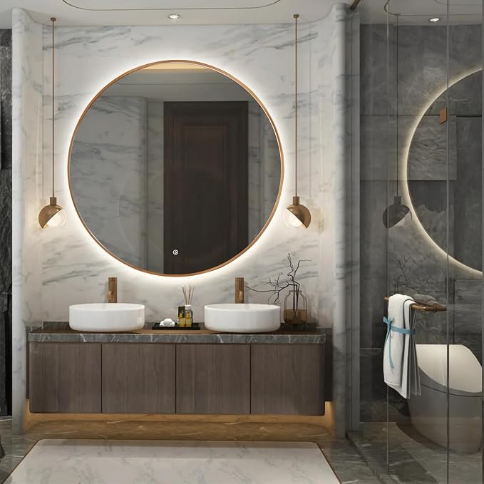 Niccy Round LED Bathroom Mirrors, Gold Framed Backlit Vanity Mirror, 48" | LED Smart Circle Mirror with 3 Color Lighting, Anti-Fog Lighted, IP65 Waterproof, Wall Mounted Bathroom Vanity