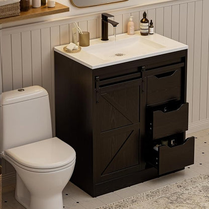 SUNTAGE Bathroom Vanity with Sink, Freestanding Farmhouse Bathroom Storage Cabinet with 3 Drawers & Sliding Door, White Resin Basin Vanity Combo Set (Wood Grain Black, 30")