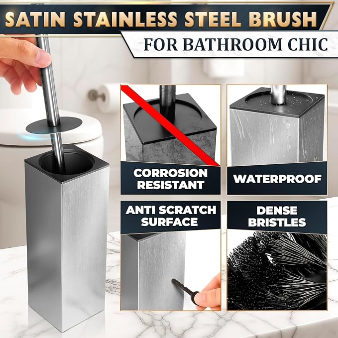 Silver Toilet Brush and Holder Set, Stainless Steel (Square) | Toilet Brush with Holder Set for Bathroom, Splash Protection & Dense Bristles for Bathroom Cleaning, Removable Inner Bowl
