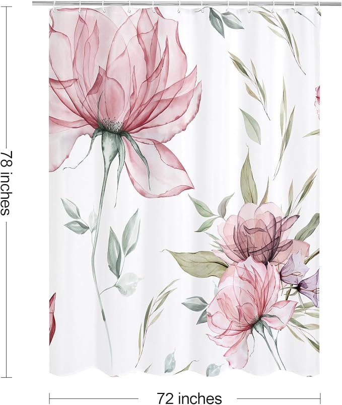 Litabel Long Boho Watercolor Floral Shower Curtain 72 x 78, Pink and Grey Ink Painting Style Flower Shower Curtains for Chic Elegant Bathroom, Artistic 78 Inch Long Fabric Shower Curtain