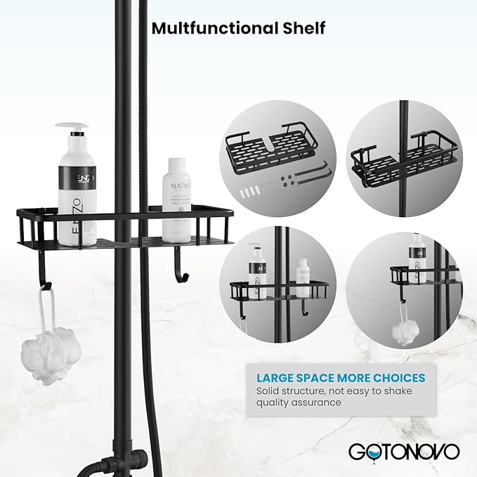 gotonovo Matte Black 8 inch Rainfall Shower Head Dual Functions Wall Mounted Exposed Shower Faucet with Shower Shelf Double Cross Handles With Adjustable Ceramics Handheld Sprayer Shower Shower System