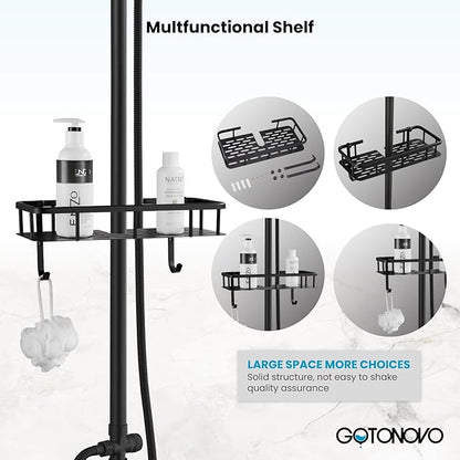 gotonovo Matte Black 8 inch Rainfall Shower Head Dual Functions Wall Mounted Exposed Shower Faucet with Shower Shelf Double Cross Handles With Adjustable Ceramics Handheld Sprayer Shower Shower System