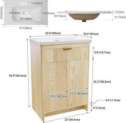 24" Modern Bathroom Vanity with Ceramic Sink, 2 Doors & 1 Drawer, Wooden Storage Cabinet, Actual 23.6" L x 18.5" W x 35.4" H