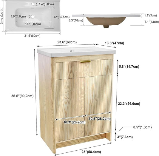 24" Modern Bathroom Vanity with Ceramic Sink, 2 Doors & 1 Drawer, Wooden Storage Cabinet, Actual 23.6" L x 18.5" W x 35.4" H