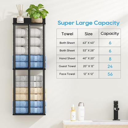 Towel Racks for Bathroom Wall Mounted with Wooden Storage Shelf | Updated 3 Bar Metal Towel Holder for Rolled Towels, Sturdy and Large Capacity, Towel Storage Organizer