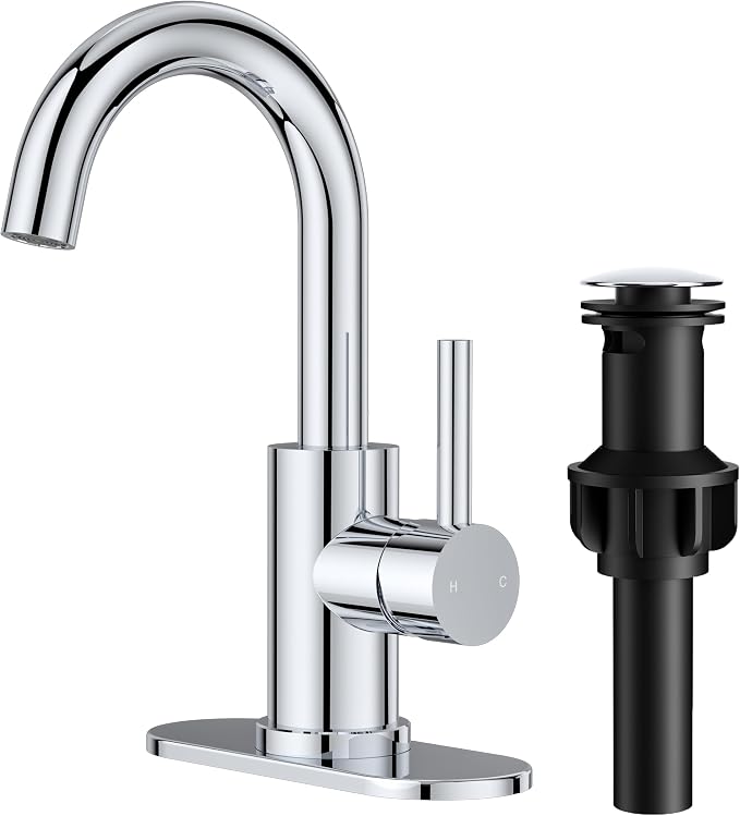 FORIOUS Bathroom Faucet 1 Hole Single Handle Vanity Sink Faucet Chrome | with 6-inch Deck Plate for 1 or 3 hole(4-inch centerset)Sink Setup, Supply Lines and Drain, Swivel for Bar Kitchen RV Vanity