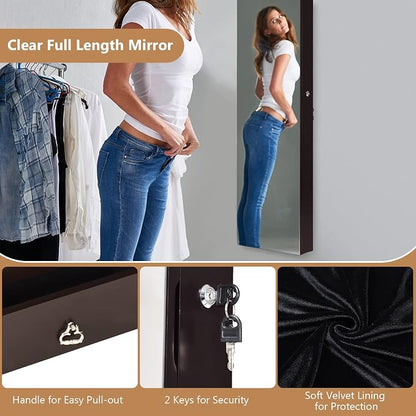 COSTWAY Wall Mounted Jewelry Armoire with Full Length Mirror & 2 LED Lights, Large Storage Capacity, Lockable Mirror Jewelry Cabinet for Women Girls (Brown)