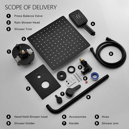 Shower Faucet Set Wall Mounted Shower head with Handheld Comb Rain System 6 Function Pressure Balance - Stainless Steel Bathroom Shower Kit Complete 12 Inch Matte Black(With Valve)