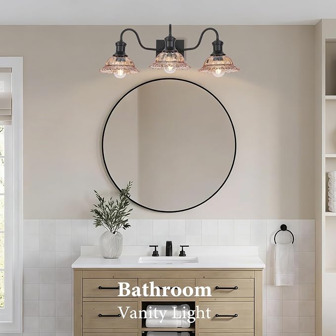 Farmhouse Vanity Lights 3-Light, Black Bathroom Light Fixtures with Amber Glass Shade, Vintage Vanity Lights Over Mirror, Farmhouse Wall Sconce for Bathroom, Vanity Table, Foyer