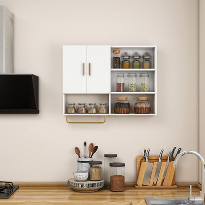 Bathroom Wall Cabinet Wood Large Wall Mounted Medicine Cabinet with 2 Doors and 4 Open Shelves Over Toilet Storage Cabinet Organizer with Towel Bar,White
