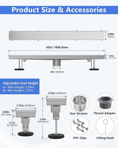 YEFU Shower Drain 42 Inch with Tile Insert,Linear Shower Drain for Bathroom | Anti-Corrosion, 304 Stainless Steel, Shower Drain Kit with Hair Strainer, Fast Drainage, Long Shower Drain Reversible Grate