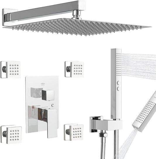 RUMOSE Rainfall Shower System with 4 Full Body Jet 4 Mode Shower Faucet Set | 12 Inch Rain Shower Head, 2 in 1 Handheld Spray, Polished Chrome Brass Shower Jet Shower Fixtures, Wall Mounted