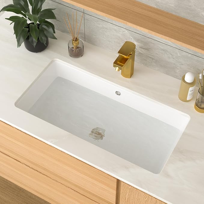 Undermount Bathroom Sink Rectangle 28x14 Inch White Rectangular Porcelain Ceramic Vessel Sink with Overflow Under Counter Lavatory Vanity