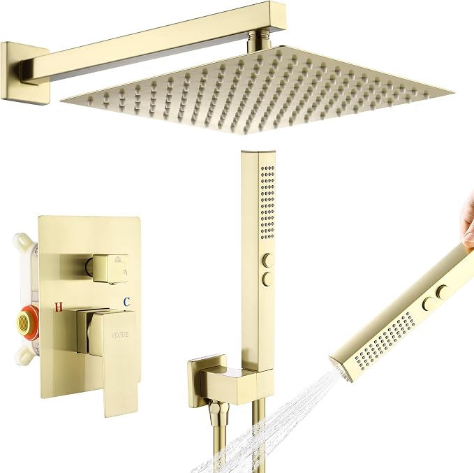 Rain Shower System, 12''Square Rain Head,2-Spray Handheld,Gold | 2 Spray Functions,Anti-Tangle Explosion-proof PVD Hose,Balance Temp Valve,Rust-proof & Scratch-resistant
