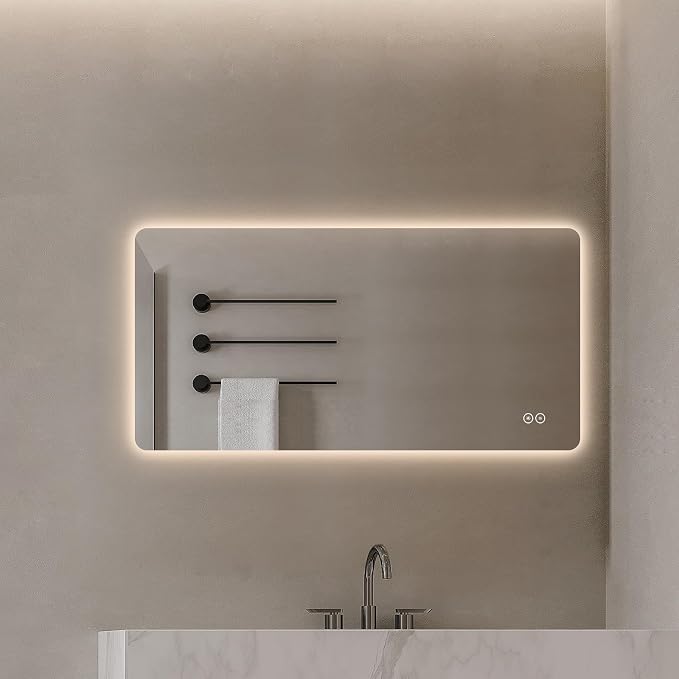 LAIYA 70.8x35.5 Inch LED Bathroom Mirror, 3 Color Modes, Dimmable, Anti-Fog | Large LED bathroom mirror with 3 color temperatures, smooth dimming, anti-fog, memory, and horizontal or vertical mount.