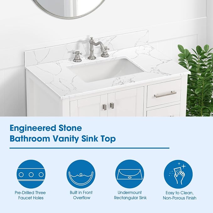 36 Inch Engineered Stone Bathroom Vanity Sink Top, with Undermount Rectangular Middle Sink, Vanity Countertop with 8 inch Faucet Hole Spacing and Backsplash in Lightning White
