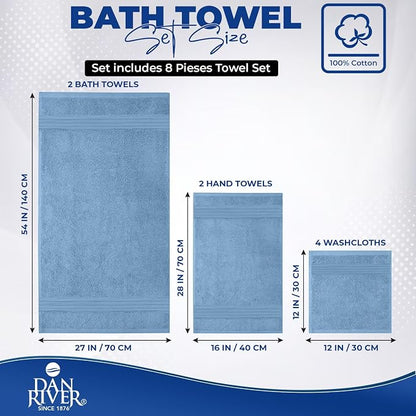 DAN RIVER 8 Piece Luxury Bath Towels for Bathroom, Towel Set, Medium Blue | 2 Bath towels, 2 Hand towels, and 4 Wash Cloths, 600 GSM 100% Ring Spun Cotton, Highly Absorbent, Gym, Hotel, guest, and Spa