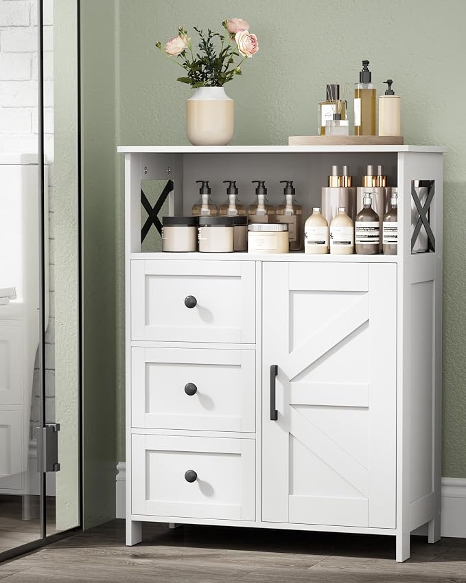 Homhedy Bathroom Storage Cabinet with 3 Drawers, Toilet Paper Cabinet | Farmhouse Freestanding Floor Cabinet with Door and Adjustable Shelf, Small Cabinet for Bathroom, Living Room, White