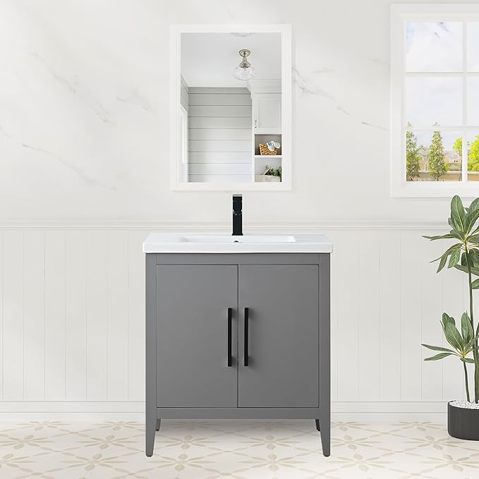 HomeBeyond 30 Inch Bathroom Vanity with Sink & Ceramic Top, Single Vanity Cabinet with Basin, Soft-Closing Doors & Matte Black Hardware, Grey