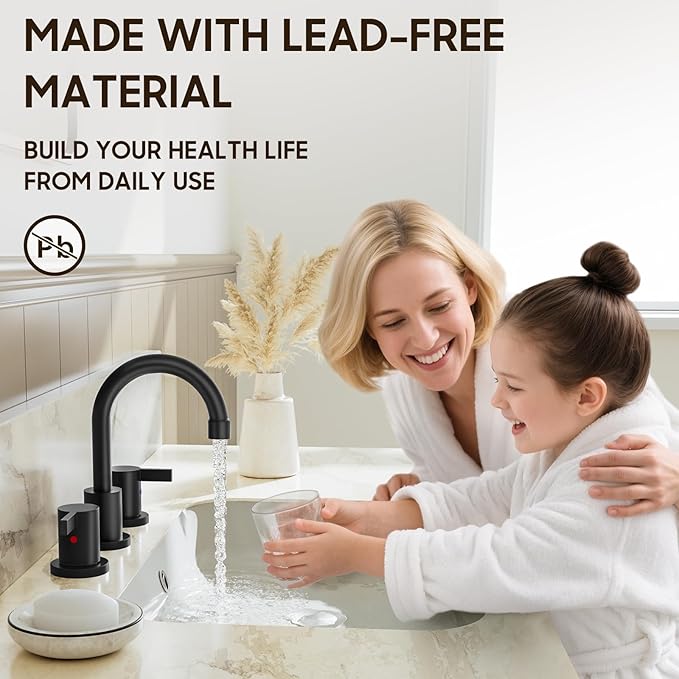 Phiestina Matte Black 8 Inch Widespread Bathroom Faucet 2 Handle 3 Hole Bathroom Vanity Faucet with Metal Pop Up Drain & Water Supply line,BF03042-K01-MB