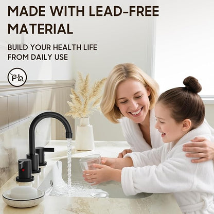 Phiestina Matte Black 8 Inch Widespread Bathroom Faucet 2 Handle 3 Hole Bathroom Vanity Faucet with Metal Pop Up Drain & Water Supply line,BF03042-K01-MB
