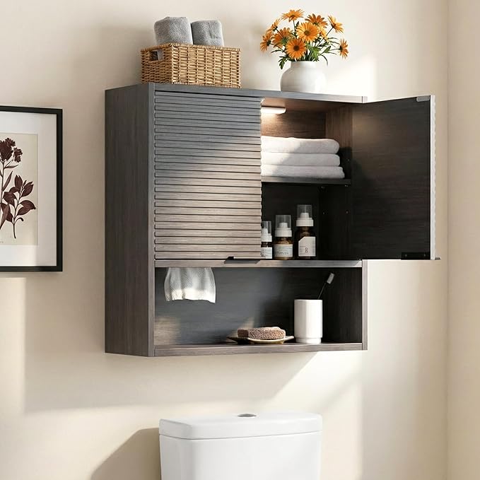 Wall Mounted Bathroom Cabinet with Motion Sensor LED Light & Tissue Dispenser, Modern Black Medicine Cabinet Over Toilet with Fluted Door, Adjustable Shelf for Skincare & Makeup Storage