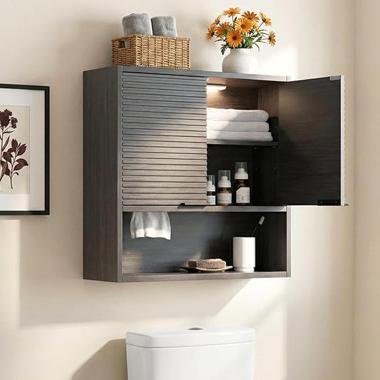 Wall Mounted Bathroom Cabinet with Motion Sensor LED Light & Tissue Dispenser, Modern Black Medicine Cabinet Over Toilet with Fluted Door, Adjustable Shelf for Skincare & Makeup Storage